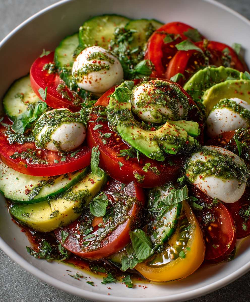 Tomato Cucumber Avocado Salad | Fresh Mozzarella & Basil Pesto Recipe