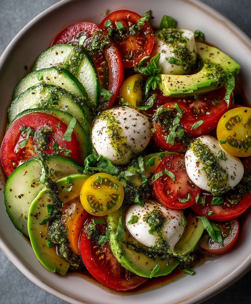 Tomato Cucumber Avocado Salad | Fresh Mozzarella & Basil Pesto Recipe image 2