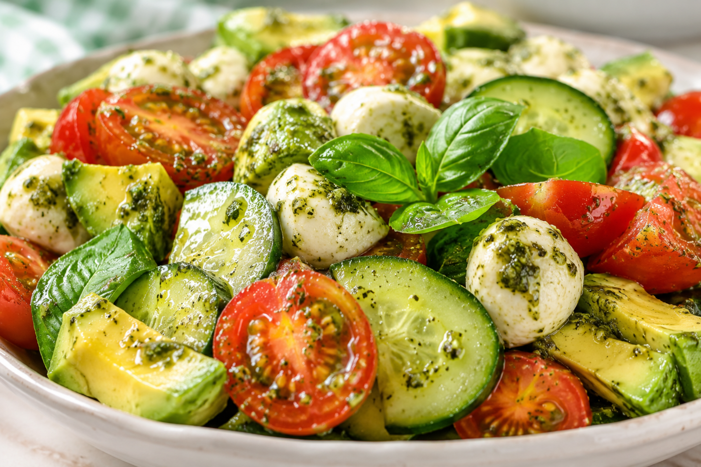 Tomato Cucumber Avocado Salad | Fresh Mozzarella & Basil Pesto Recipe
