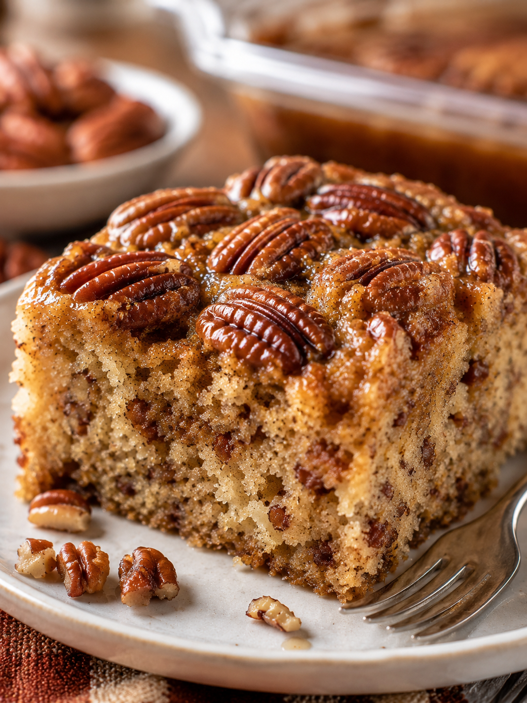 Sweet Alabama Pecanbread — golden, moist pecan loaf sliced and served on a wooden board