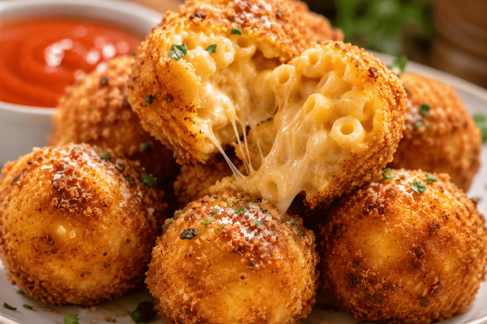 Crispy golden mac and cheese balls piled on a plate with marinara dipping sauce