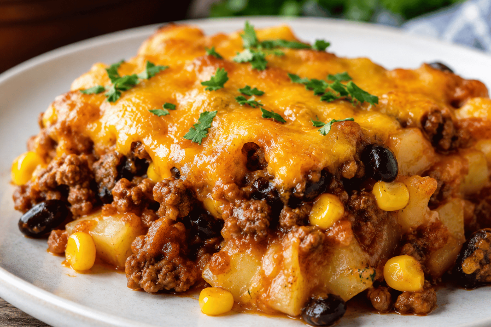 Cowboy Casserole with golden crispy tater tots and melted cheddar cheese in a baking dish